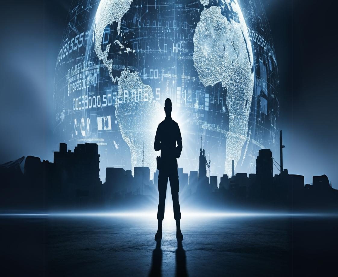 Silhouette of a figure standing before a glowing digital globe